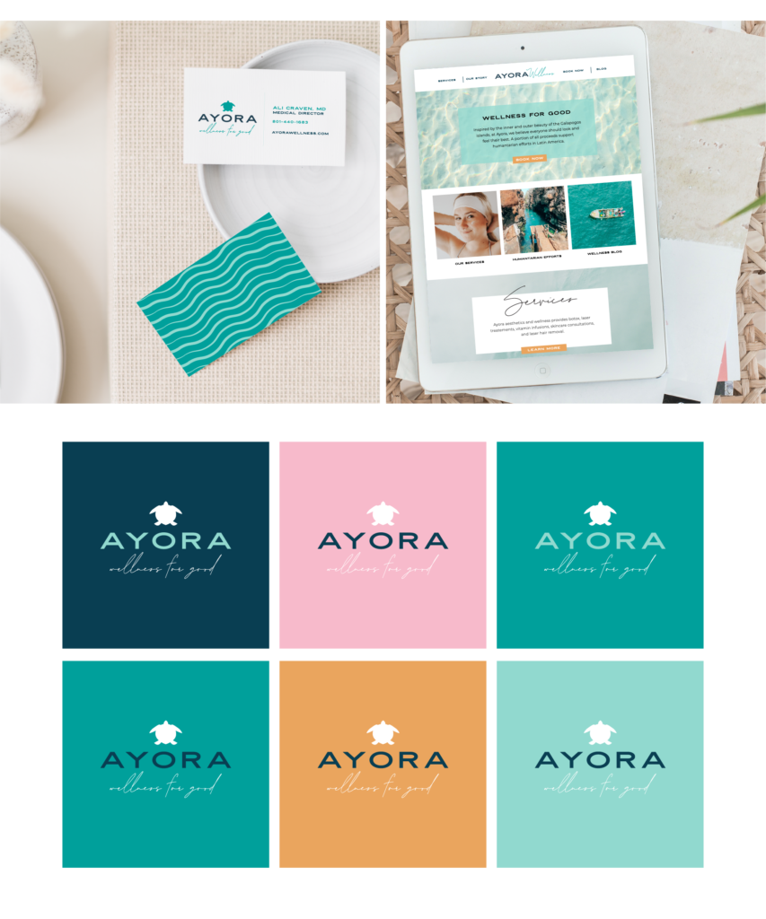 Ayora Wellness branding color options, business card, website